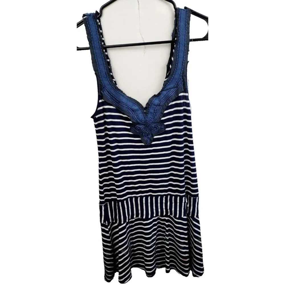 Vintage Free People Womens‎ BOHO Tank Top XS Blue White Embroidered Striped